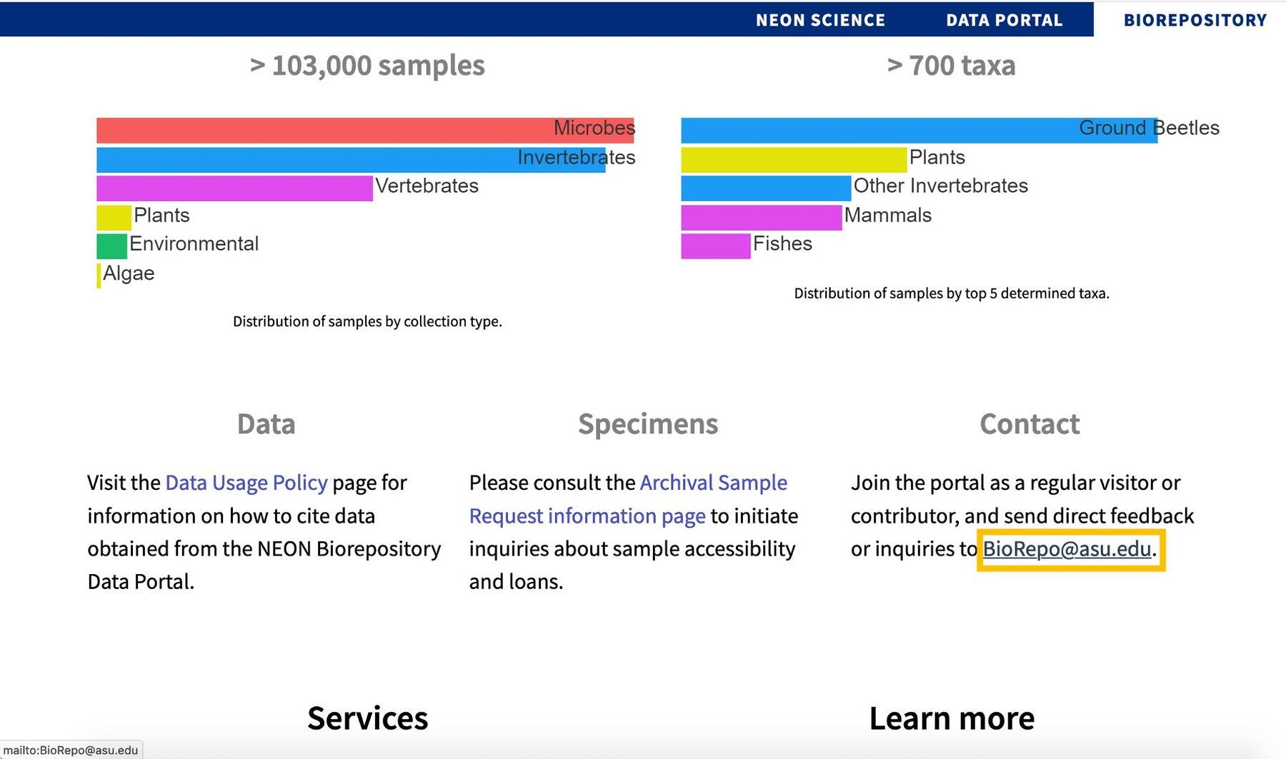NEON Biorepository Data Portal homepage screenshot